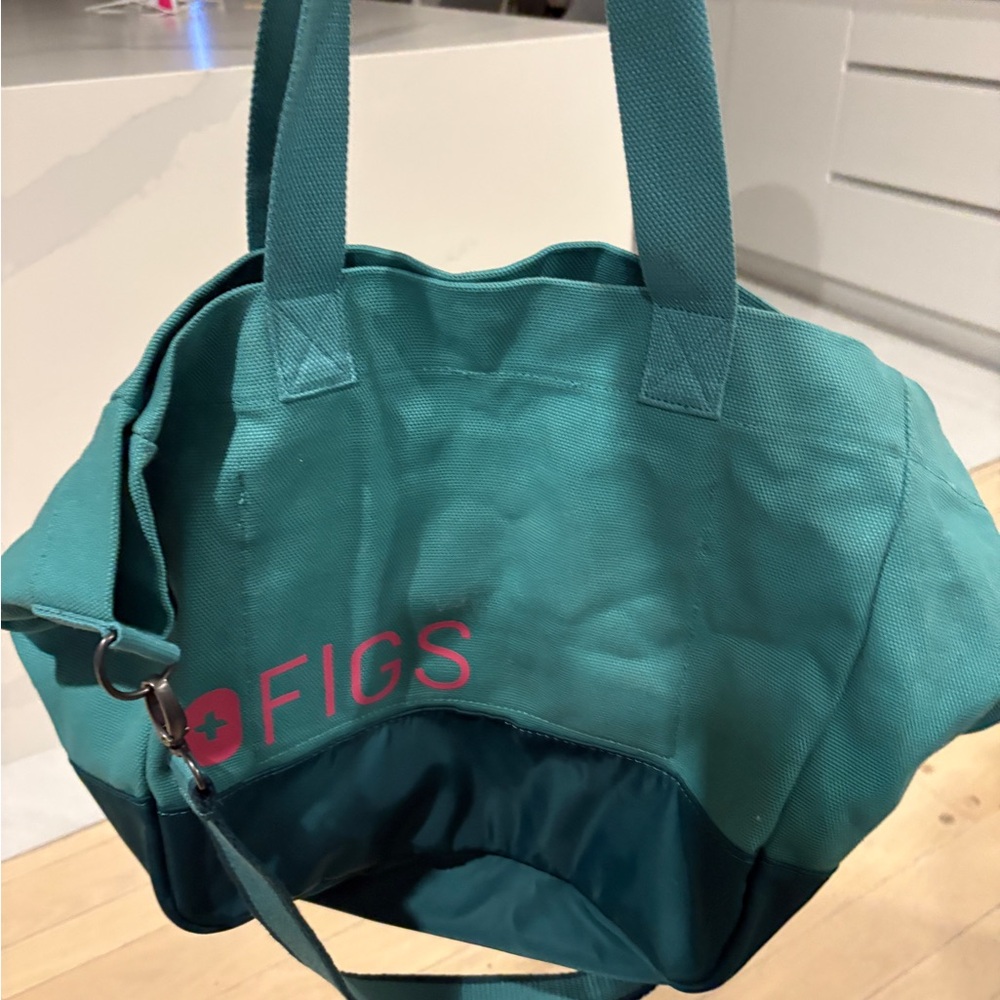 Figs Teal and Dark Teal Canvas Tote with Pink Logo - Picture 7 of 7